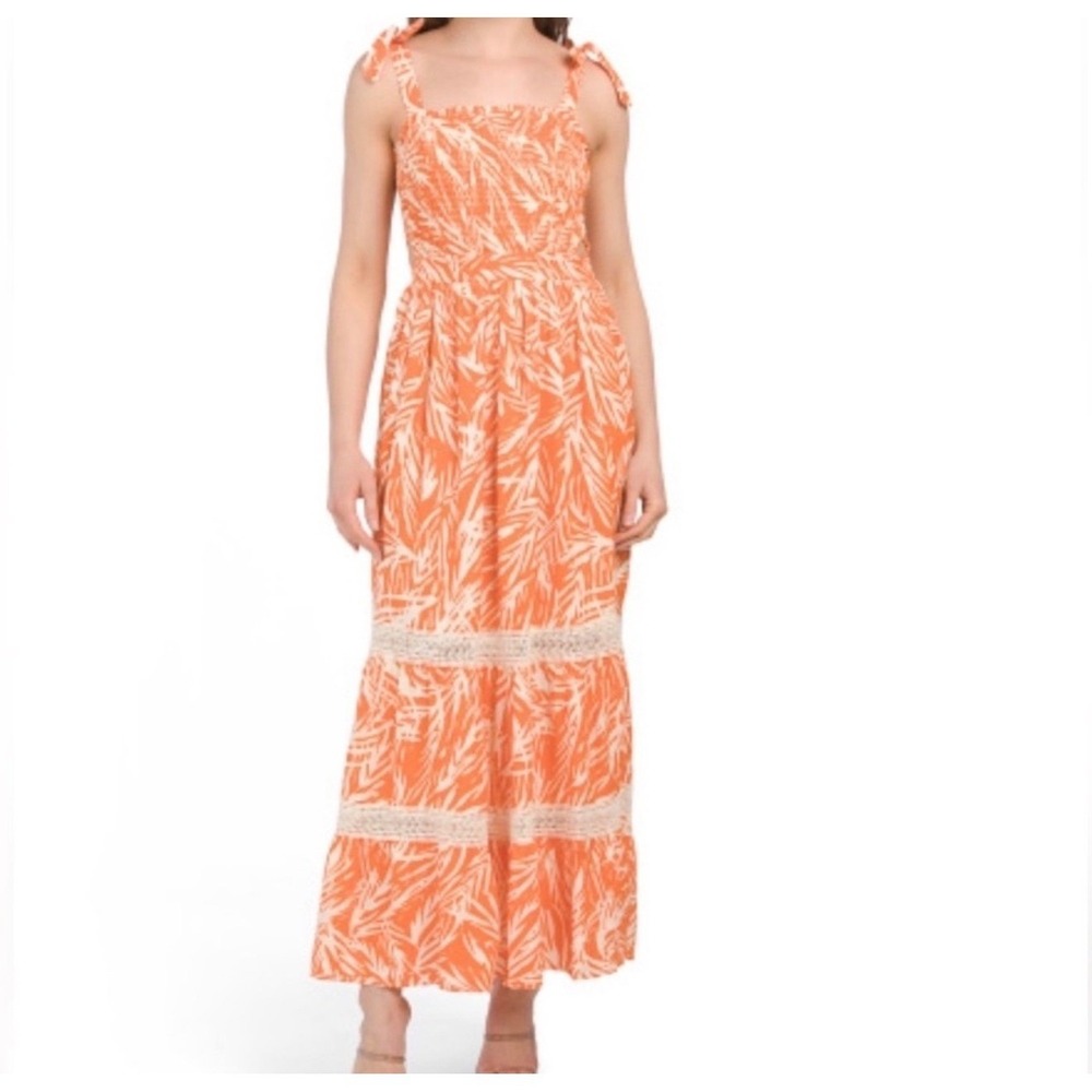 Sincerely Jules Orange Tropical Palm Print Smocked Maxi Dress Tie Strap Small